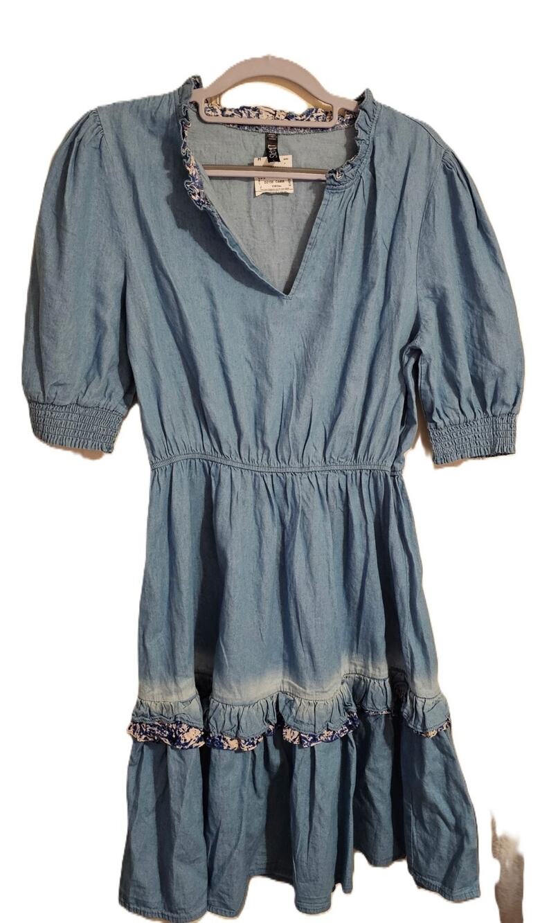 Lapis Chambray Tiered Mini Dress Smocked Puff Sleeve Boho NWT Women's L